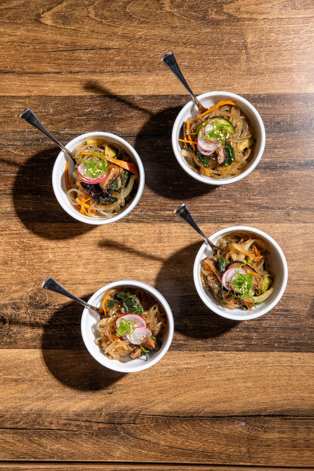 Japchae bowls from above