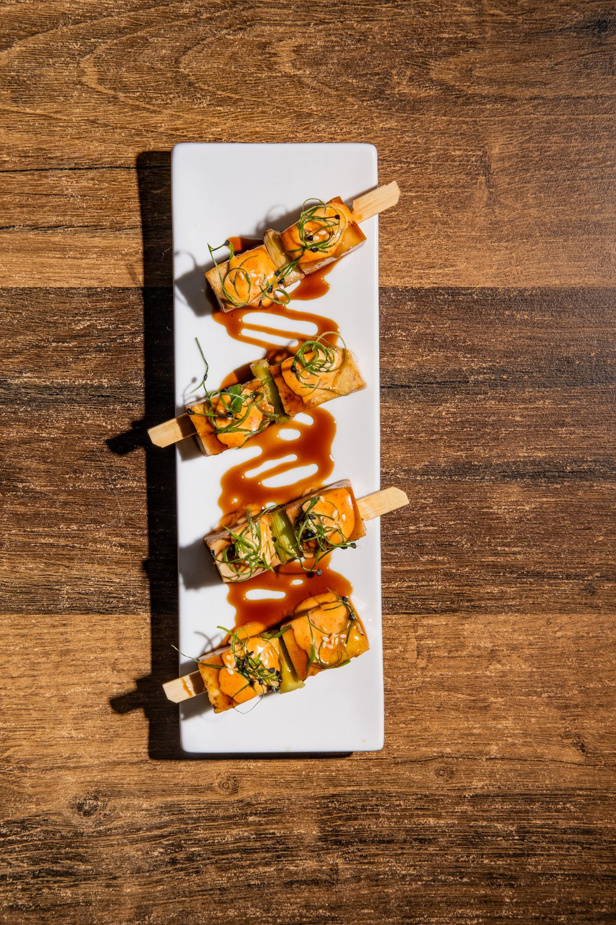 Skewers with sauce on a rectangular plate