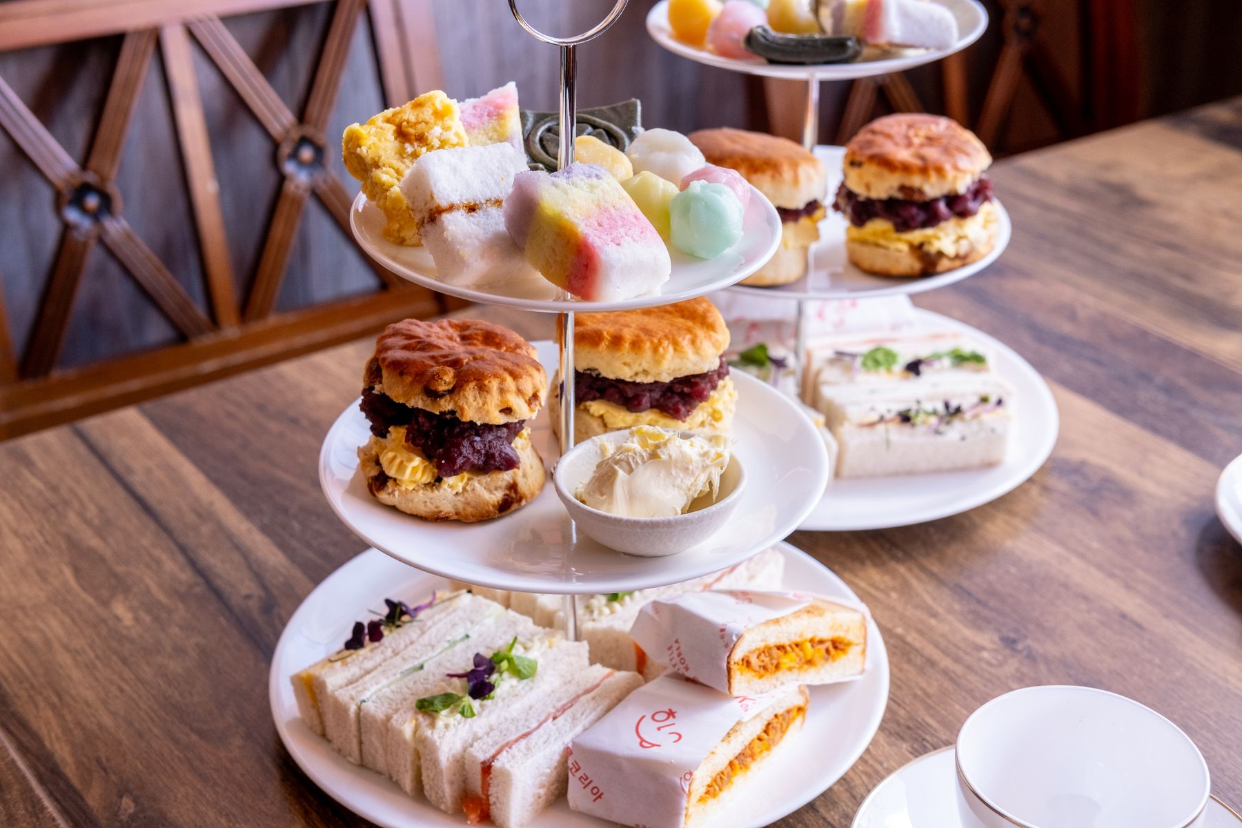 Afternoon tea stand on a wooden table